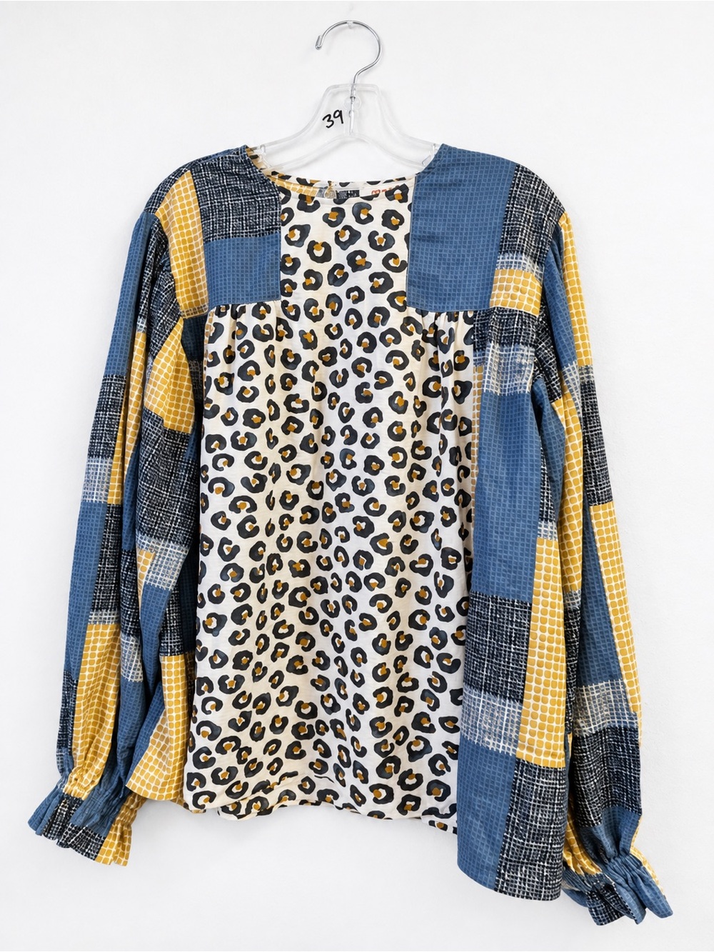 Mazik Mixed-Print Patchwork Blouse in Blue, Yellow, Black